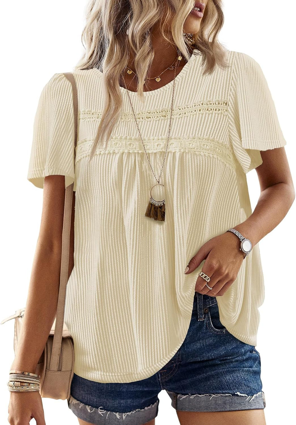 Women's Boho Ribbed Short Sleeve Top - Crochet Lace Trim, Flowy Loose Fit in Sizes XS to 5XL - Apricot (7)