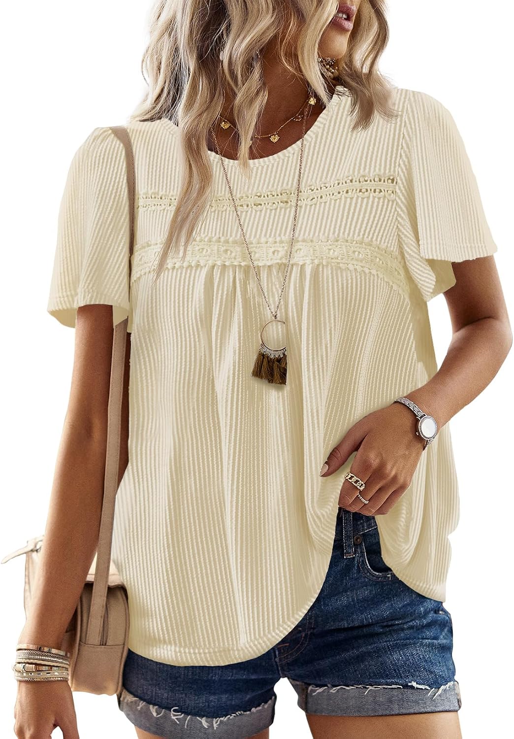 Women's Boho Ribbed Short Sleeve Top - Crochet Lace Trim, Flowy Loose Fit in Sizes XS to 5XL - Apricot (7)