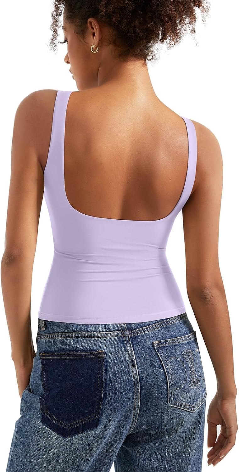 Women's Boat Neck Tank Top - Removable Padded Bra, Open Back, Double Lined Quick Dry Knit for Summer - Small
