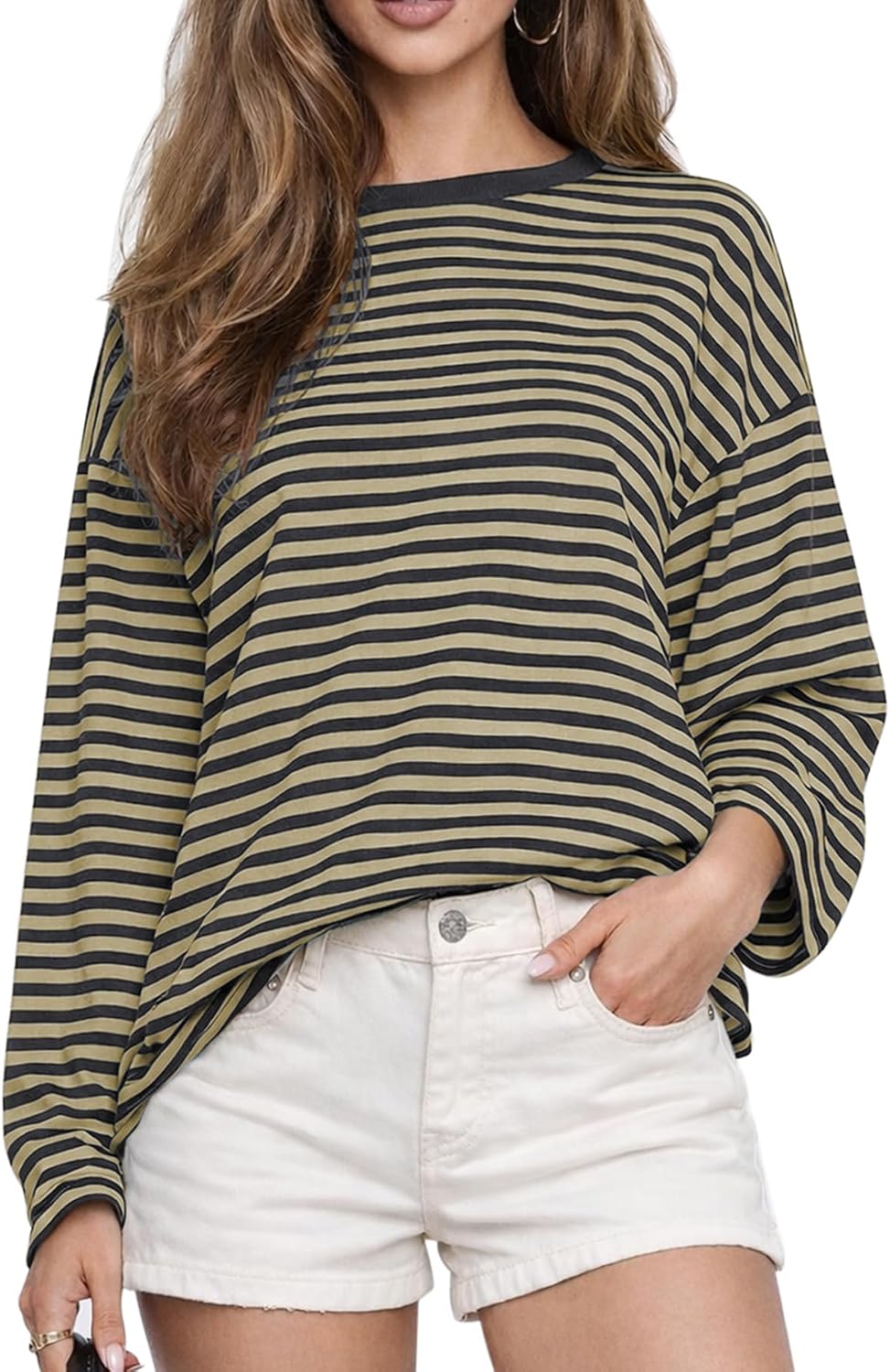 Women's Oversized Striped Long Sleeve Tee - Crew Neck, Contrast Stripe Knit, Relaxed Fall Top for Layering - Small (13)