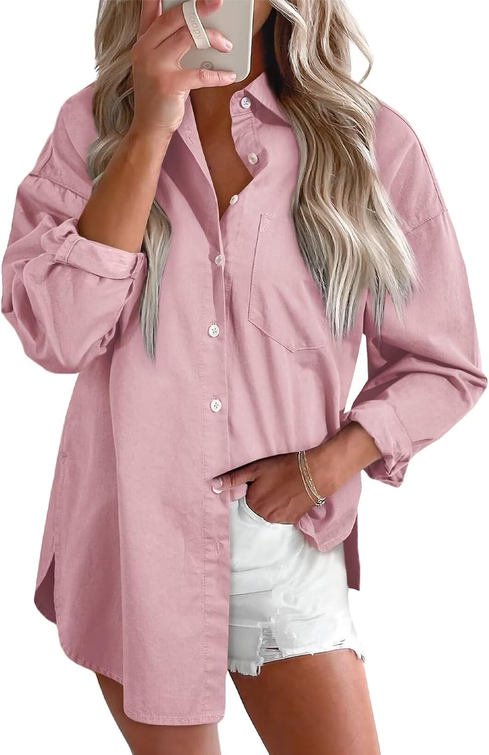 Women's Denim Button Down Shirt - V Neckline, Long Sleeves, Casual Chambray Blouse for Workdays and Weekends - Medium