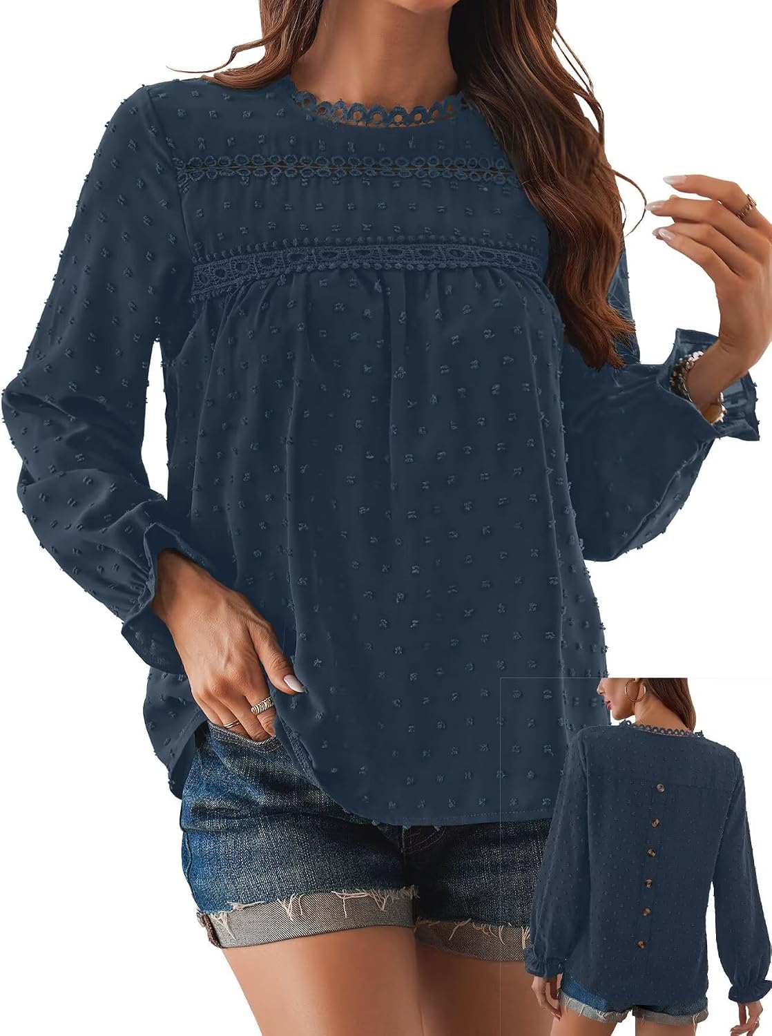 Women's Swiss Dot Ruffle Blouse - Long Sleeve Crew Neck, Eyelet Lace Trim, Flowy Fit in Sizes XS to 5XL - Small