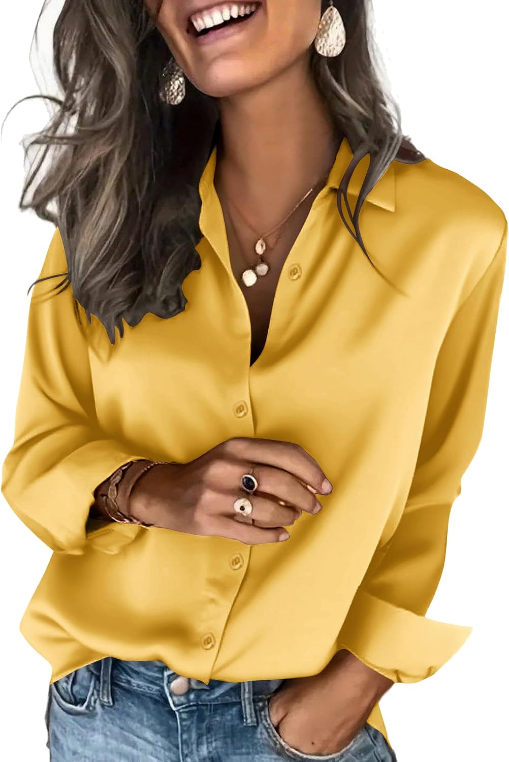 Women's Satin Button Down Blouse - Long Sleeves, Silky Drape, Business Casual Shirt for the Office - Metro Flow
