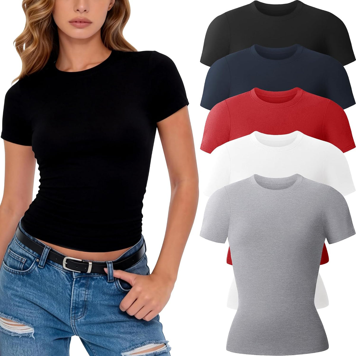 Women's Fitted Basic Tees 3 or 5 Pack - Crew Neck, Stretch Knit, Short Sleeve Tops for Layering and Gym - Small