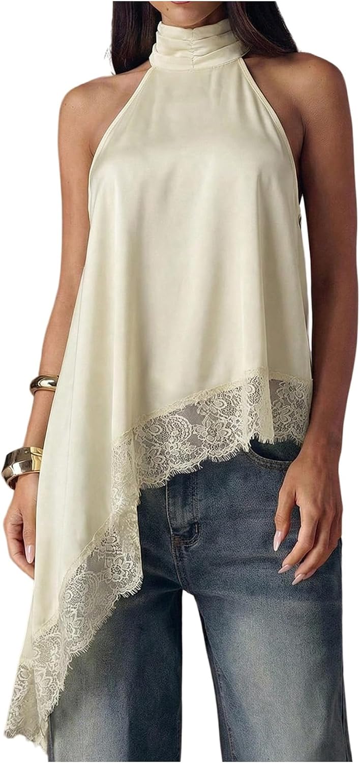 Women's Lace Halter Neck Top - Asymmetrical Hem, Sleeveless Flowy Cut for Date Night and Concerts - Small