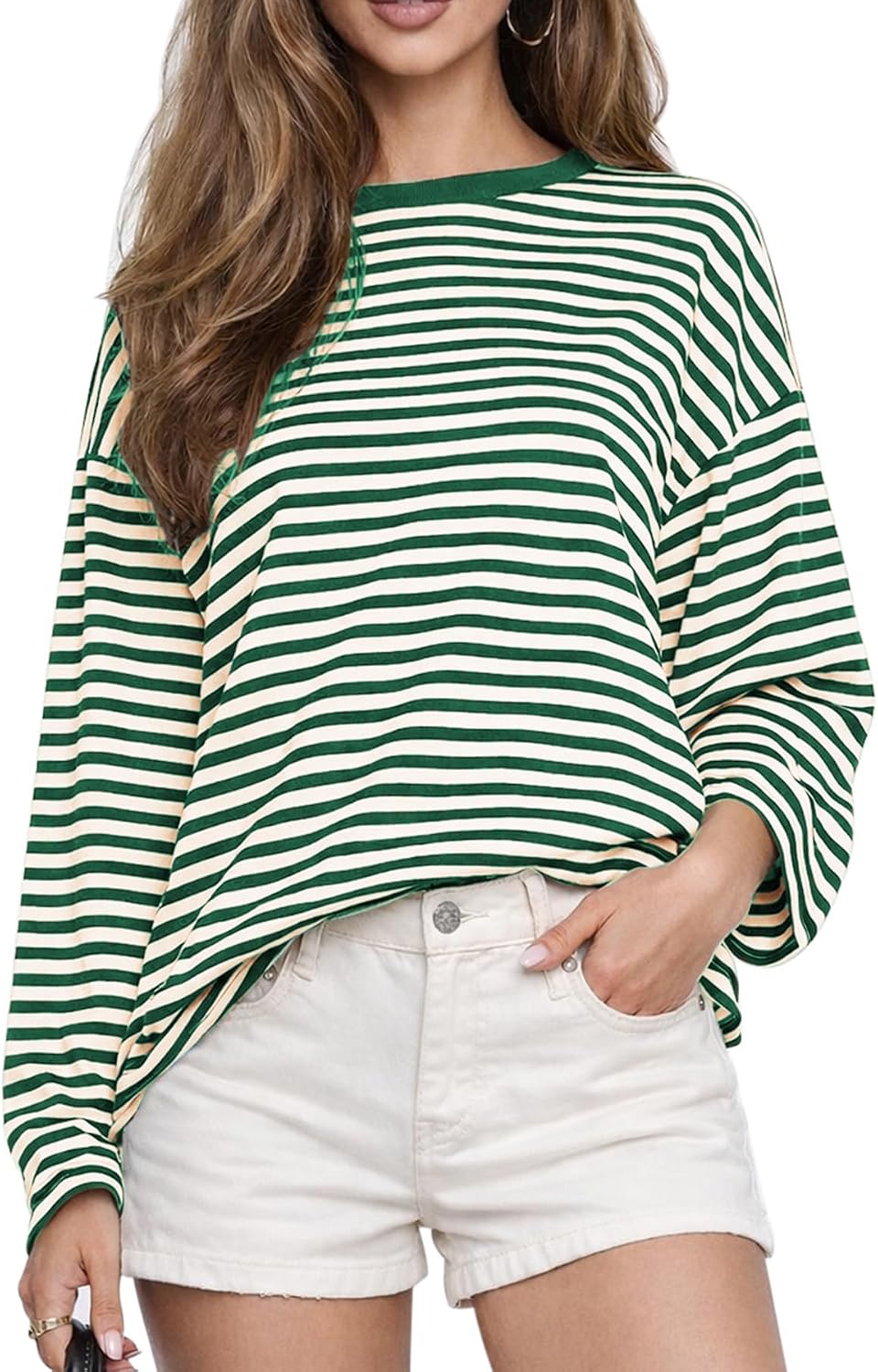 Women's Oversized Striped Long Sleeve Tee - Crew Neck, Contrast Stripe Knit, Relaxed Fall Top for Layering - Small