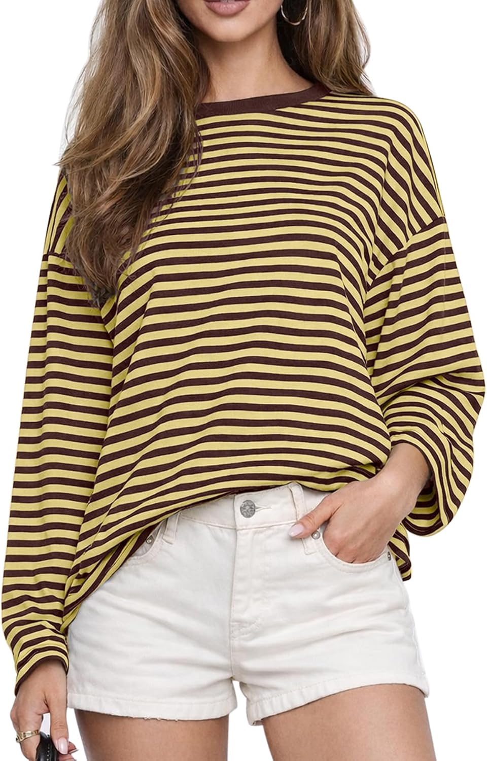 Women's Oversized Striped Long Sleeve Tee - Crew Neck, Contrast Stripe Knit, Relaxed Fall Top for Layering - Small (12)