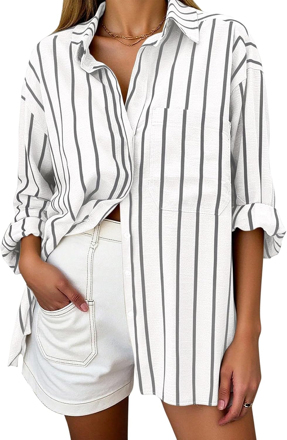 Women's Oversized Linen Blend Shirt - Striped, Long Sleeve Button Down with a Chest Pocket for Beach Days - Small