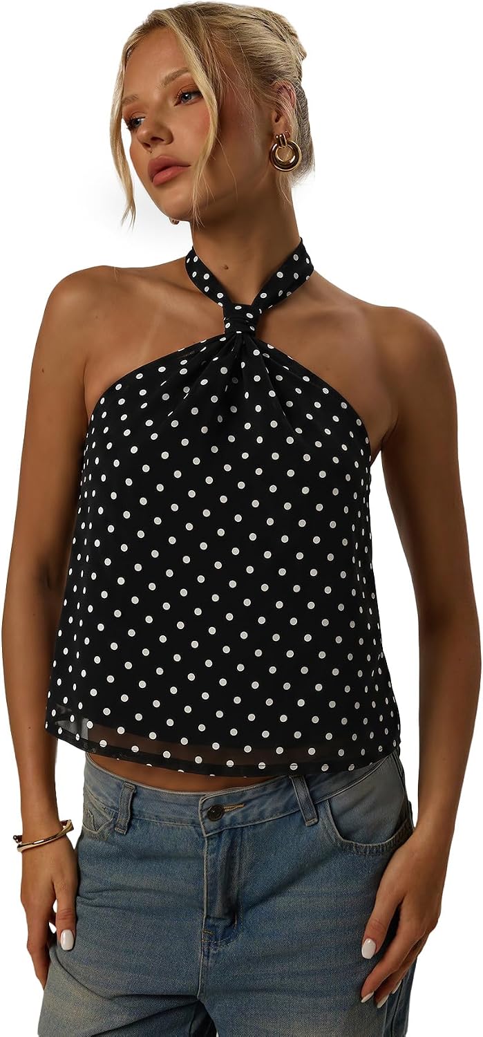 Women's Swiss Dot Halter Top - Tie Back Knot, Sheer Sleeveless Cut for Parties and Concert Nights - Small