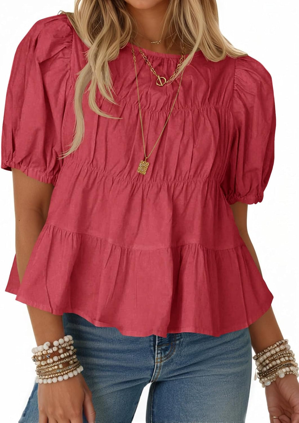 Women's Puff Sleeve Peplum Top - Pleated Babydoll Cut, Short Sleeve Cotton Blouse for Summer Outings - Beige