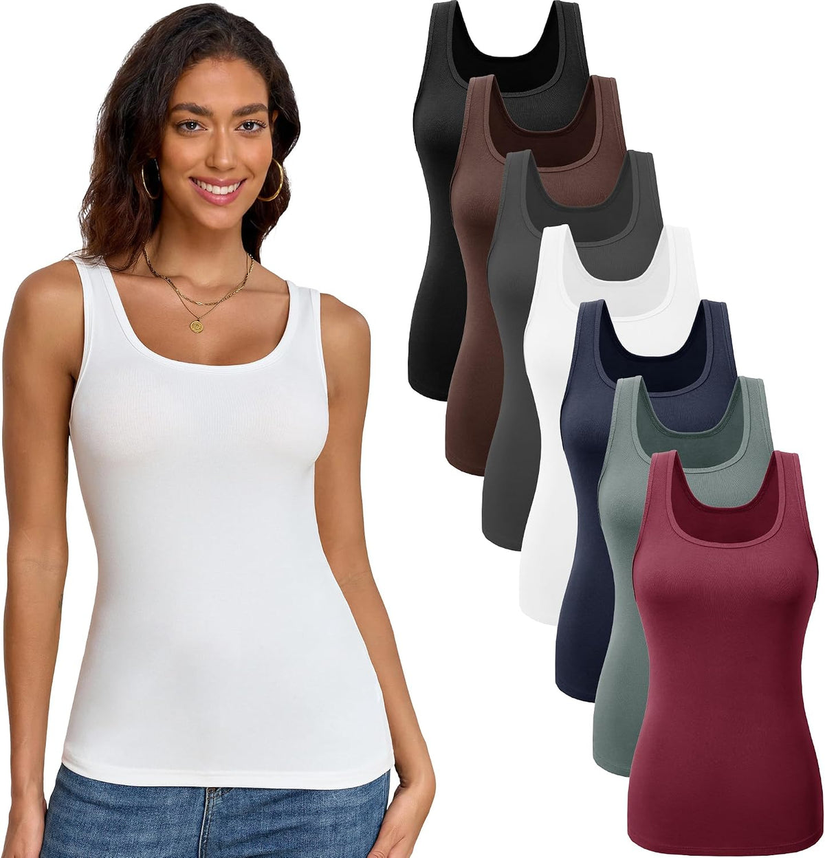 Women's Basic Tank Tops 7 Pack - Scoop Neck, Wide Straps, Stretch Fitted Layering Camis for Daily Wear - Small