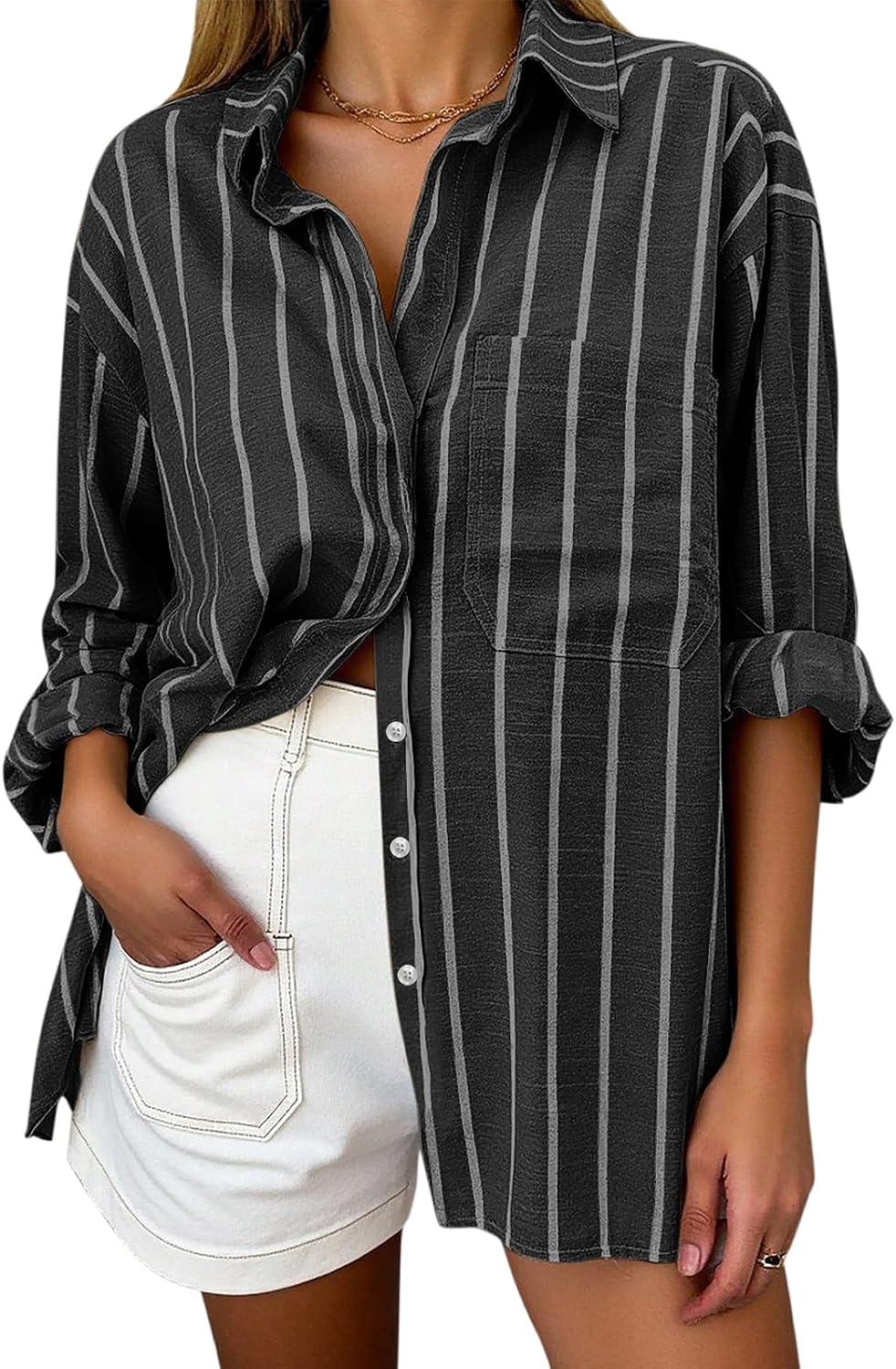 Women's Oversized Linen Blend Shirt - Striped, Long Sleeve Button Down with a Chest Pocket for Beach Days - Medium