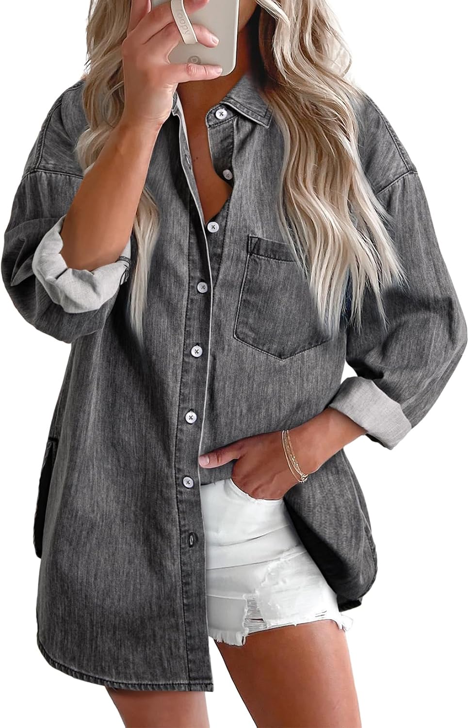 Women's Denim Button Down Shirt - V Neckline, Long Sleeves, Casual Chambray Blouse for Workdays and Weekends - Small