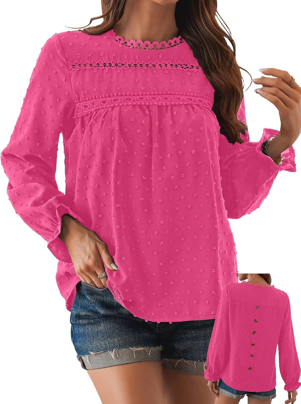 Women's Swiss Dot Ruffle Blouse - Long Sleeve Crew Neck, Eyelet Lace Trim, Flowy Fit in Sizes XS to 5XL - Small (11)