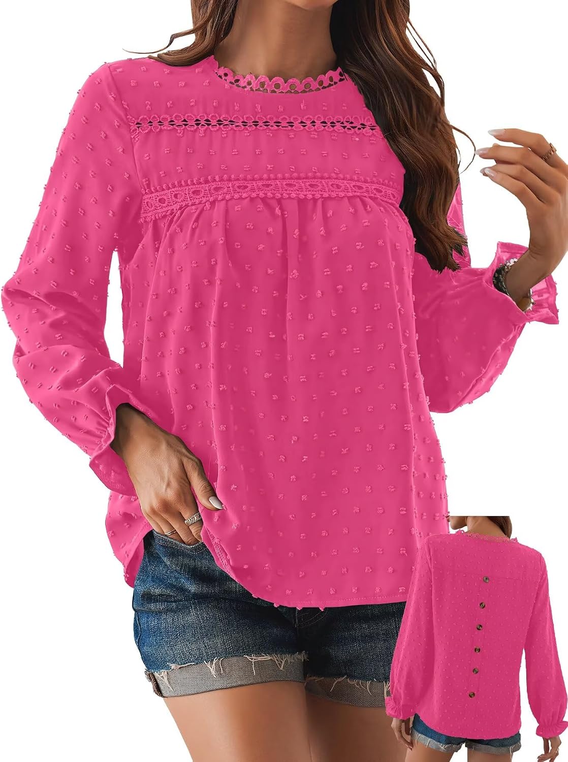 Women's Swiss Dot Ruffle Blouse - Long Sleeve Crew Neck, Eyelet Lace Trim, Flowy Fit in Sizes XS to 5XL - Small (11)