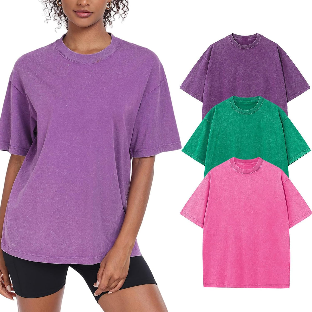 Women's Washed Vintage Oversized T-Shirt - Baggy Cotton Boyfriend Tee, Short Sleeve Street Wear Top - Small
