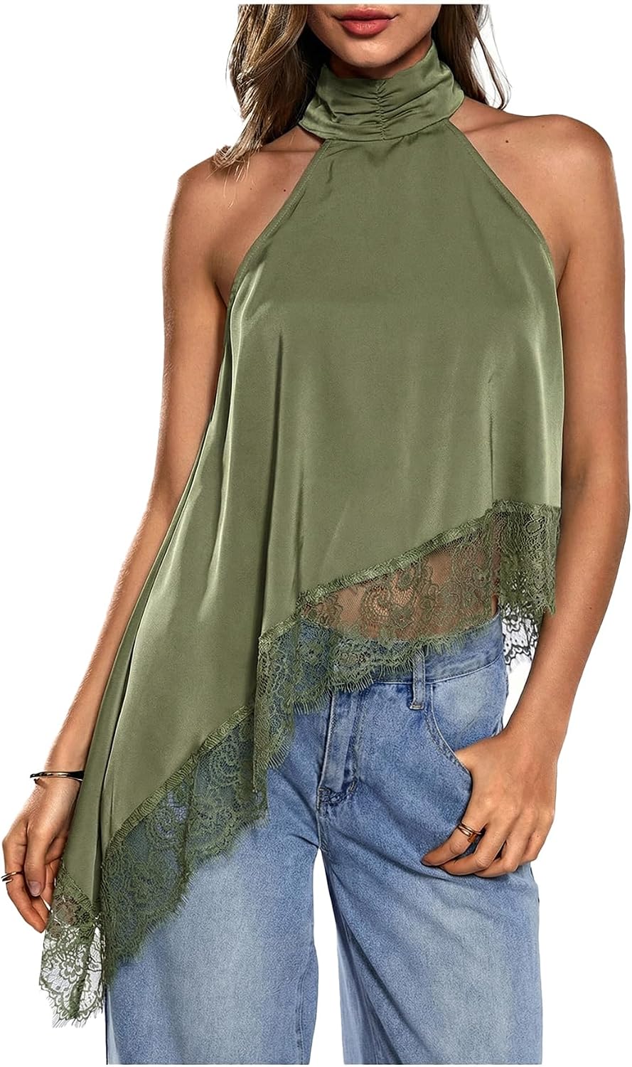 Women's Lace Halter Neck Top - Asymmetrical Hem, Sleeveless Flowy Cut for Date Night and Concerts - Small (15)