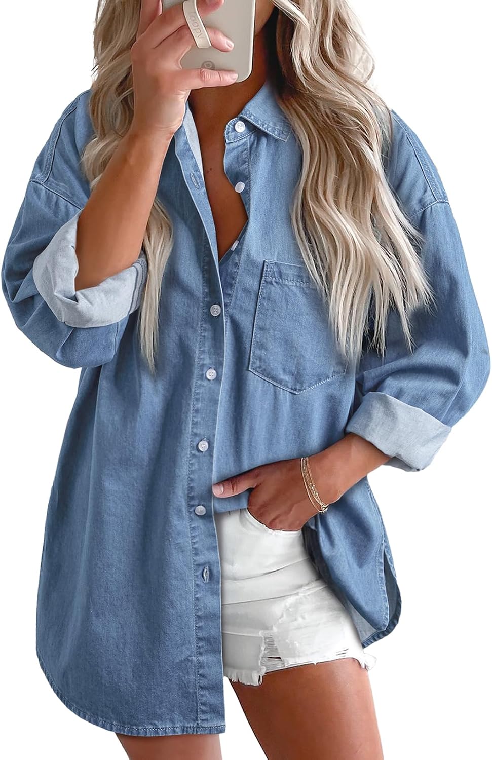 Women's Denim Button Down Shirt - V Neckline, Long Sleeves, Casual Chambray Blouse for Workdays and Weekends - Small