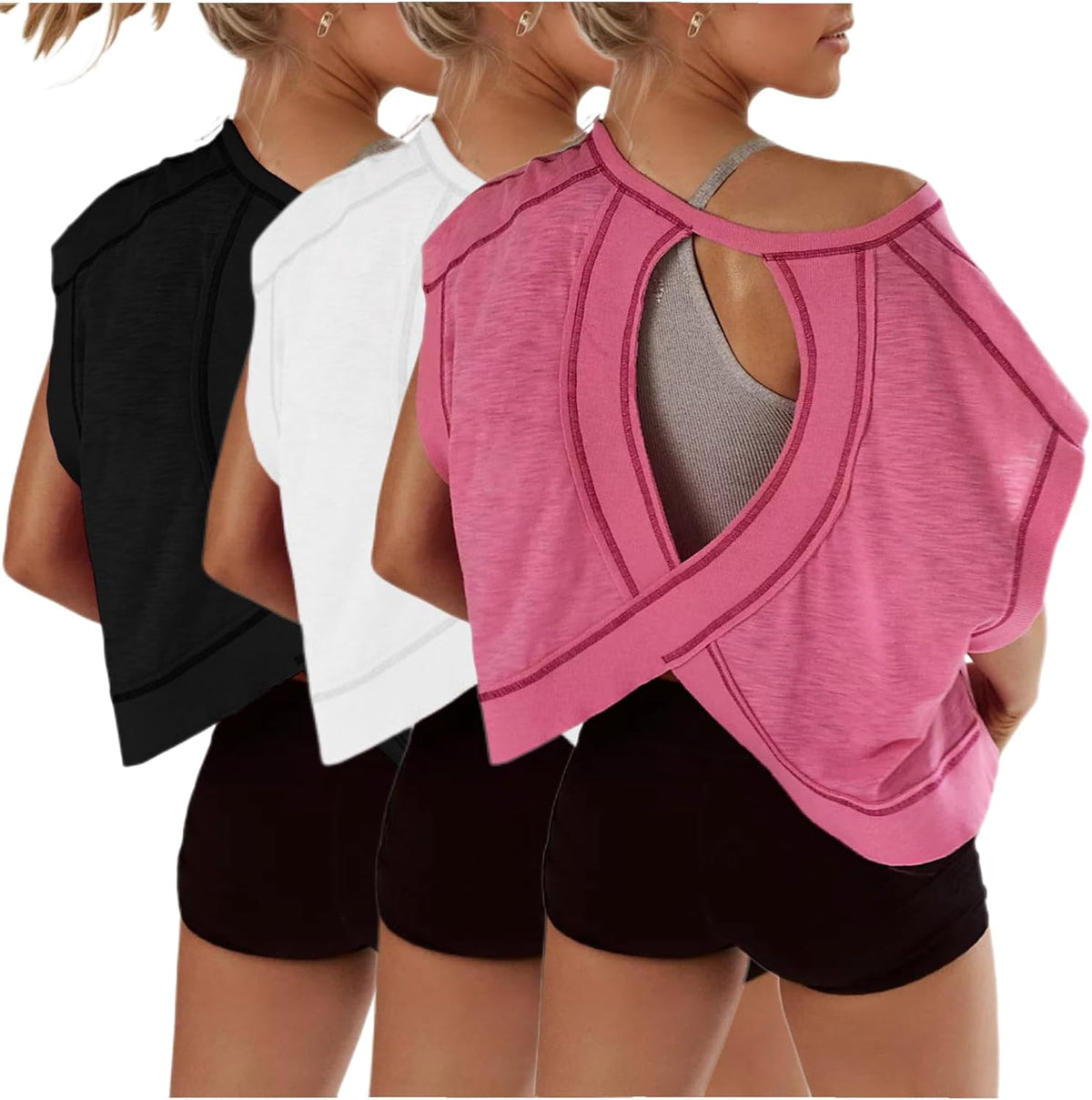 Women's Open Back Crop Tops 3 Pack - Short Sleeve Athletic Tees for Gym, Yoga and Running Sessions - Black&white&blue (4