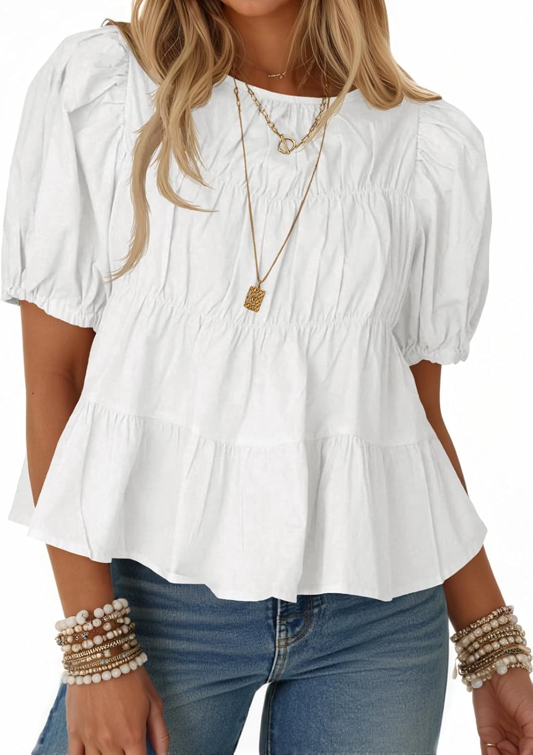 Women's Puff Sleeve Peplum Top - Pleated Babydoll Cut, Short Sleeve Cotton Blouse for Summer Outings - Beige