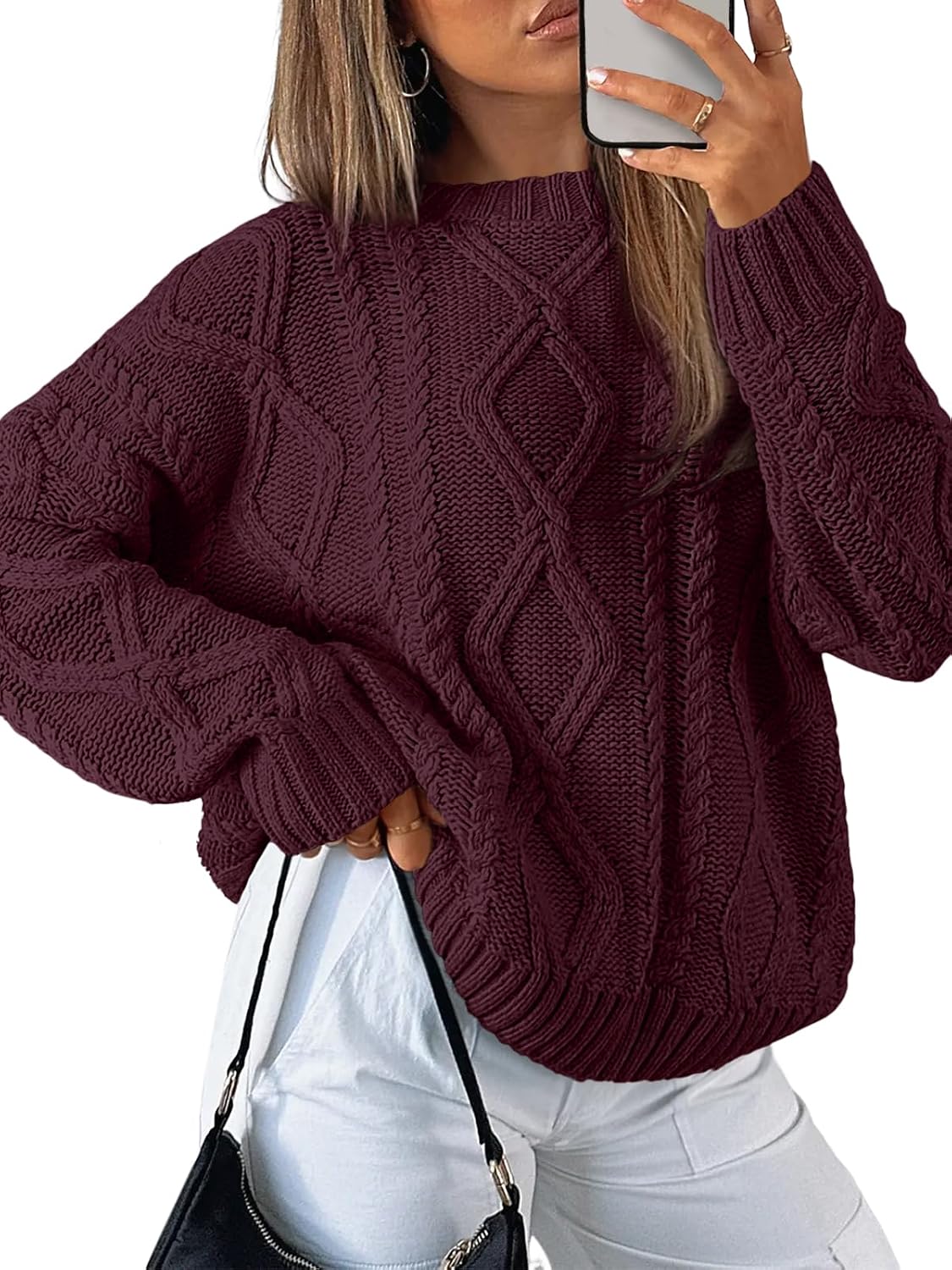 Women's Oversized Cable Knit Sweater - Chunky Knit Texture, Drop Shoulders, Pullover for Fall Layering - Small (14)