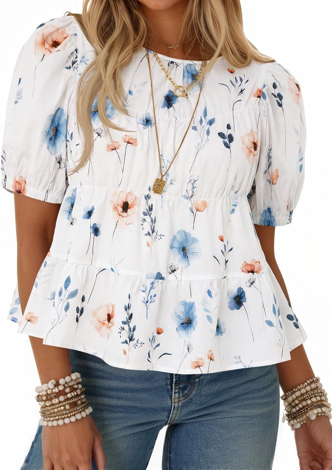 Women's Puff Sleeve Peplum Top - Pleated Babydoll Cut, Short Sleeve Cotton Blouse for Summer Outings - Light Yellow