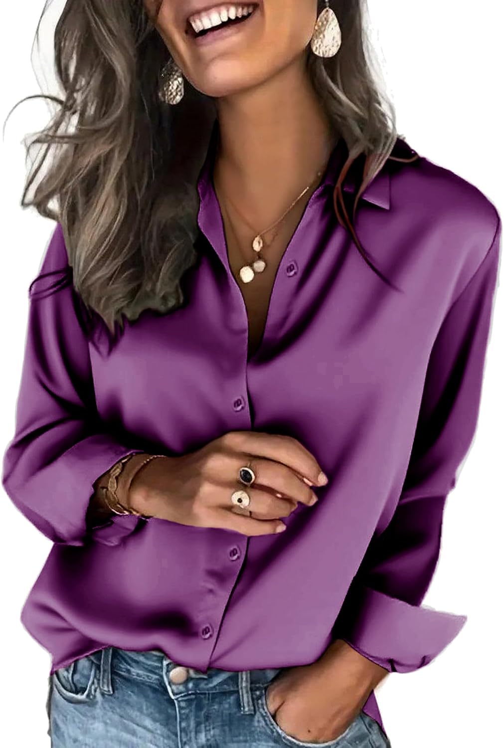 Women's Satin Button Down Blouse - Long Sleeves, Silky Drape, Business Casual Shirt for the Office - Aa-white