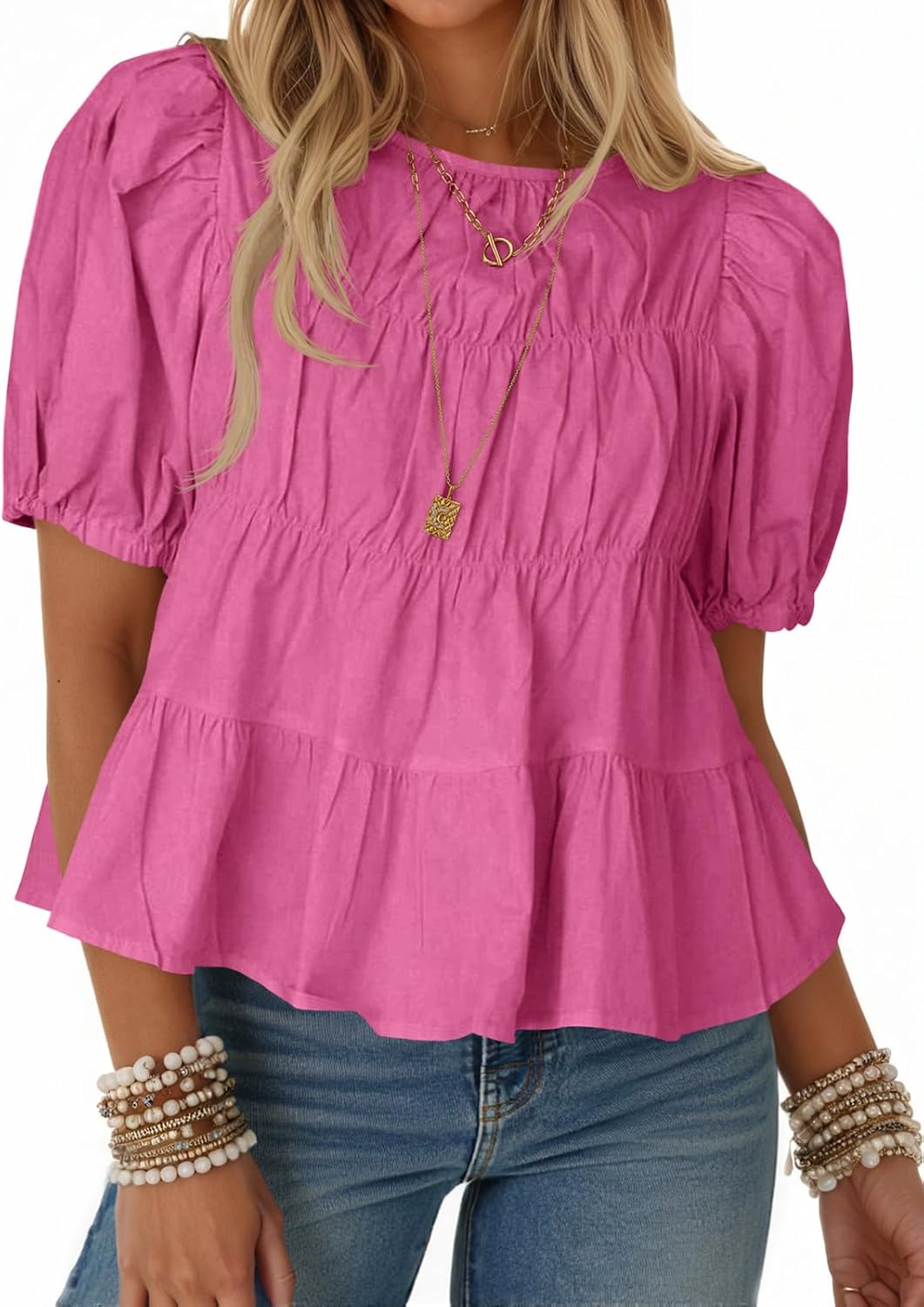 Women's Puff Sleeve Peplum Top - Pleated Babydoll Cut, Short Sleeve Cotton Blouse for Summer Outings - Light Yellow