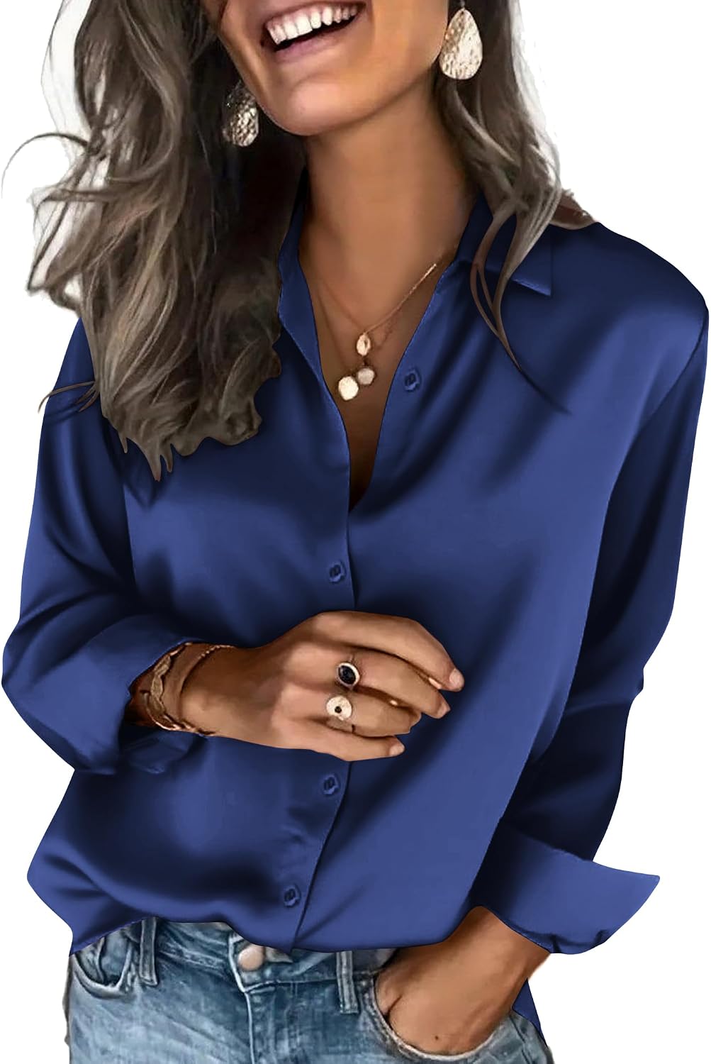 Women's Satin Button Down Blouse - Long Sleeves, Silky Drape, Business Casual Shirt for the Office - Black (9)