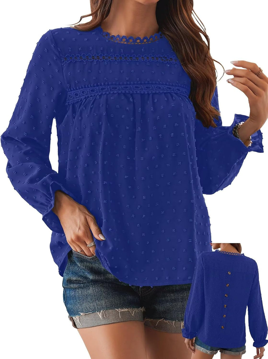 Women's Swiss Dot Ruffle Blouse - Long Sleeve Crew Neck, Eyelet Lace Trim, Flowy Fit in Sizes XS to 5XL - Small (14)