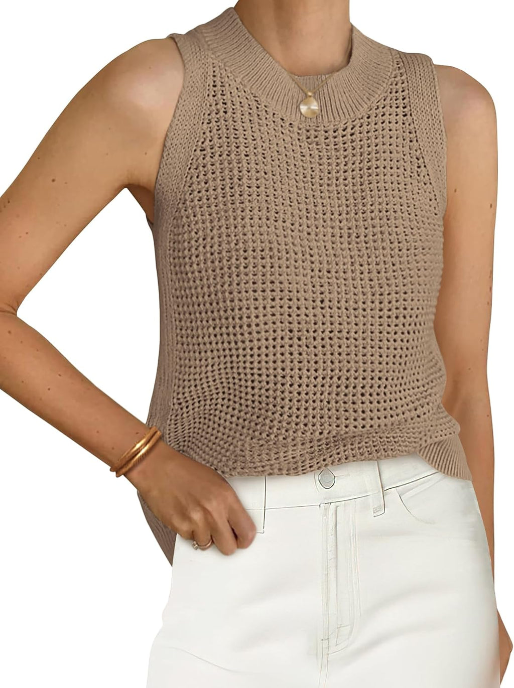 Women's Crochet Knit Tank Top - Crew Neck, Open Hollow Out Stitch, Sleeveless Sweater Vest for Resort Days - Small