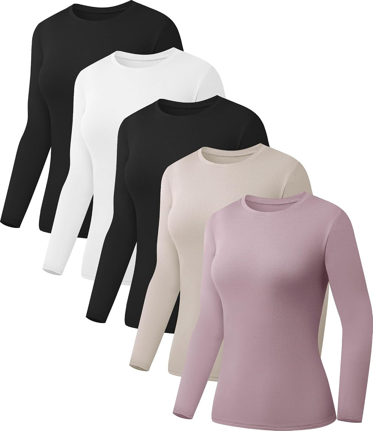 Women's Long Sleeve Basic Tops 5 Pack - Crew Neck, Slim Fitted Base Layer Shirts for Layering and Work - 2 Black 1 White