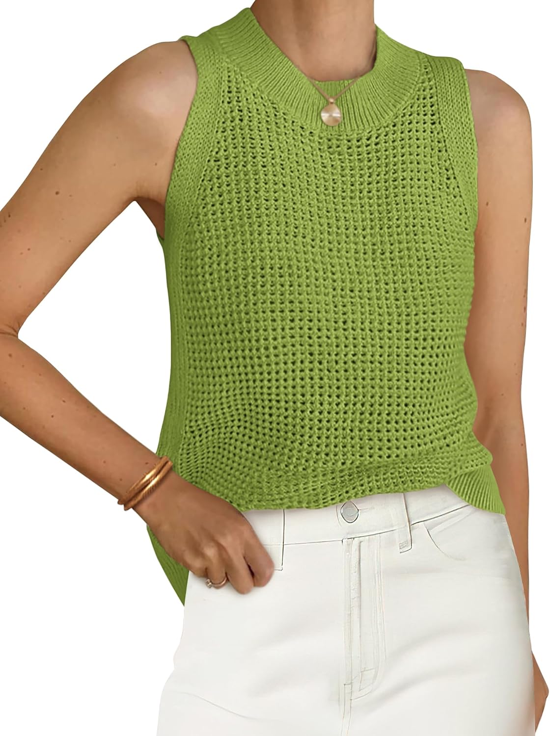 Women's Crochet Knit Tank Top - Crew Neck, Open Hollow Out Stitch, Sleeveless Sweater Vest for Resort Days - Small
