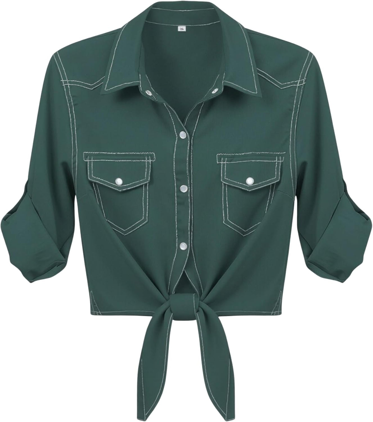 Women's Tie Front Denim Crop Shirt - Roll Up Three Quarter Sleeves, Chambray Button Down for Western Looks - Small