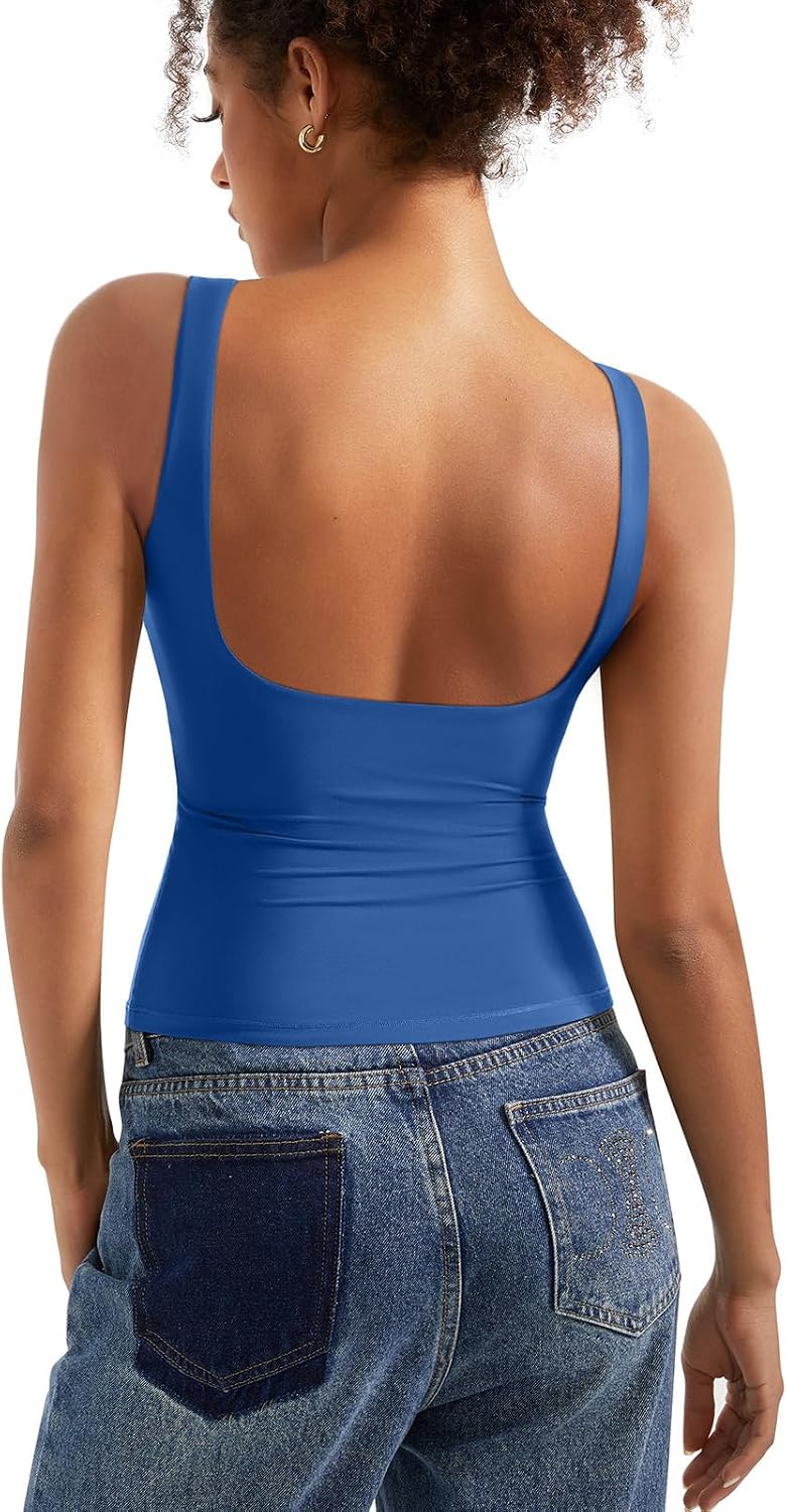 Women's Boat Neck Tank Top - Removable Padded Bra, Open Back, Double Lined Quick Dry Knit for Summer - Small