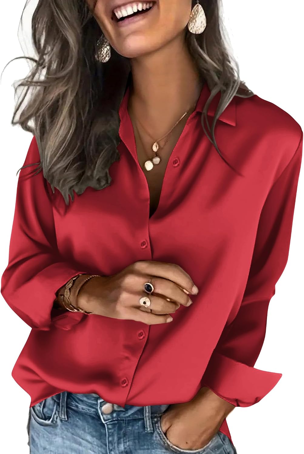 Women's Satin Button Down Blouse - Long Sleeves, Silky Drape, Business Casual Shirt for the Office - Metro Flow