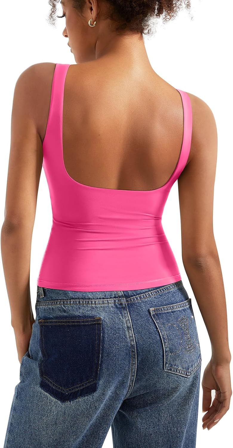 Women's Boat Neck Tank Top - Removable Padded Bra, Open Back, Double Lined Quick Dry Knit for Summer - Medium