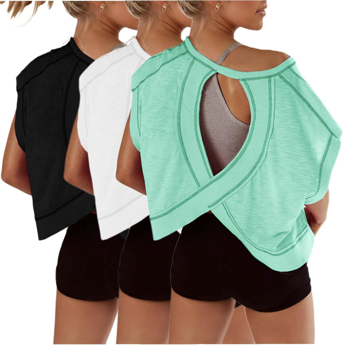 Women's Open Back Crop Tops 3 Pack - Short Sleeve Athletic Tees for Gym, Yoga and Running Sessions - Black&white&coral