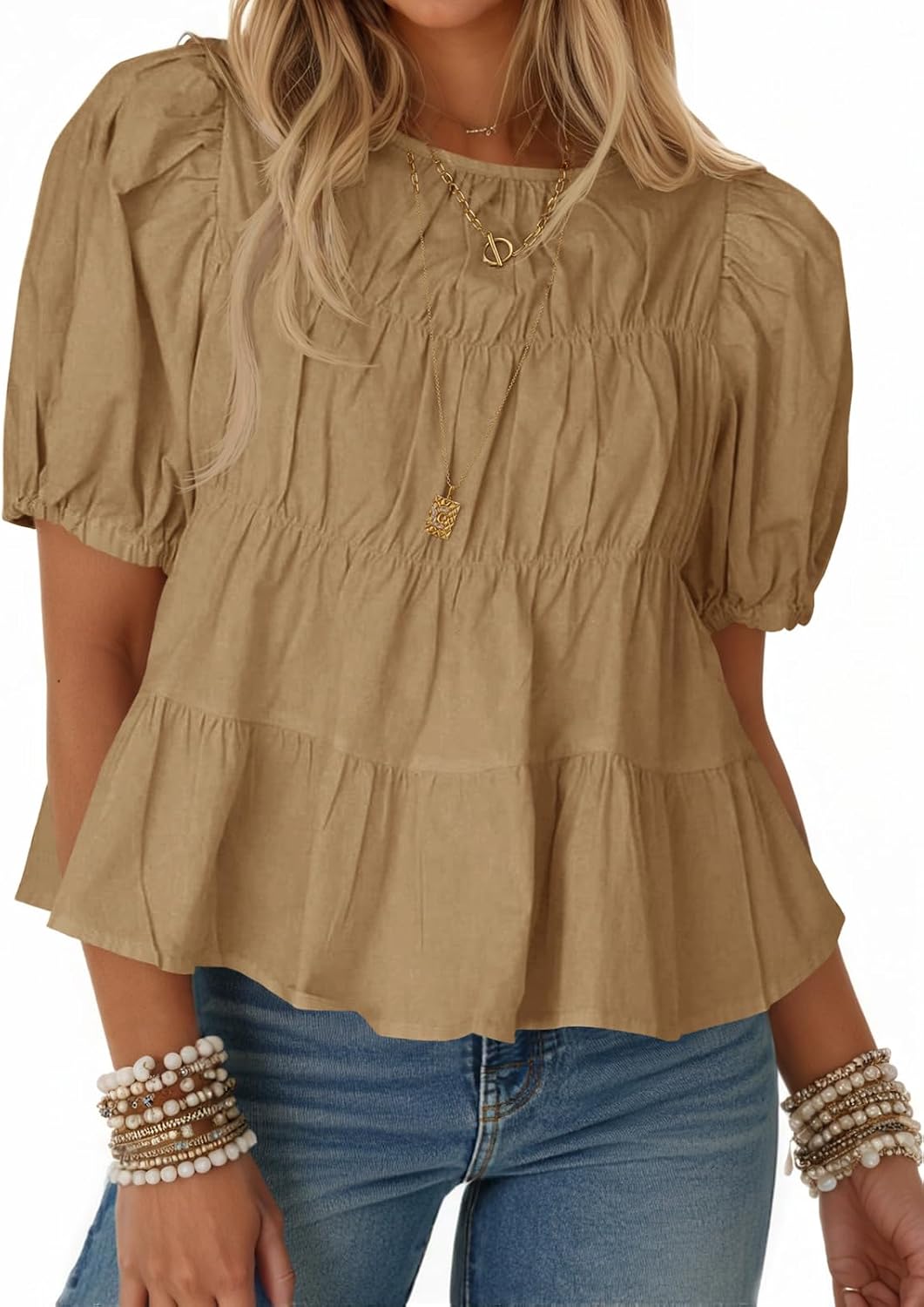 Women's Puff Sleeve Peplum Top - Pleated Babydoll Cut, Short Sleeve Cotton Blouse for Summer Outings - Orange