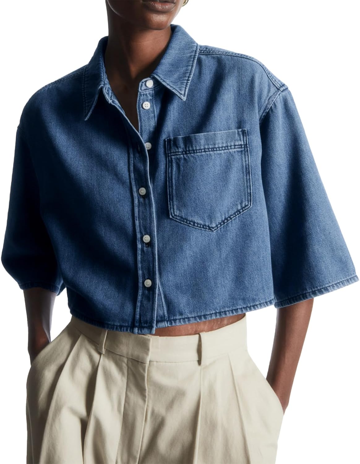 Women's Cropped Denim Shirt - Half Sleeves, Button Front, Chest Pockets and Loose Fit for Summer Days - Small