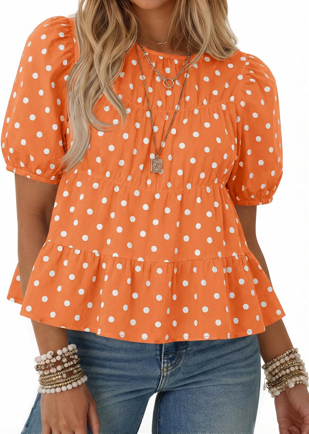 Women's Puff Sleeve Peplum Top - Pleated Babydoll Cut, Short Sleeve Cotton Blouse for Summer Outings - Navy Polka Dot
