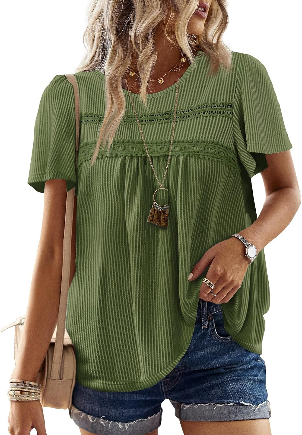 Women's Boho Ribbed Short Sleeve Top - Crochet Lace Trim, Flowy Loose Fit in Sizes XS to 5XL - Apricot (9)