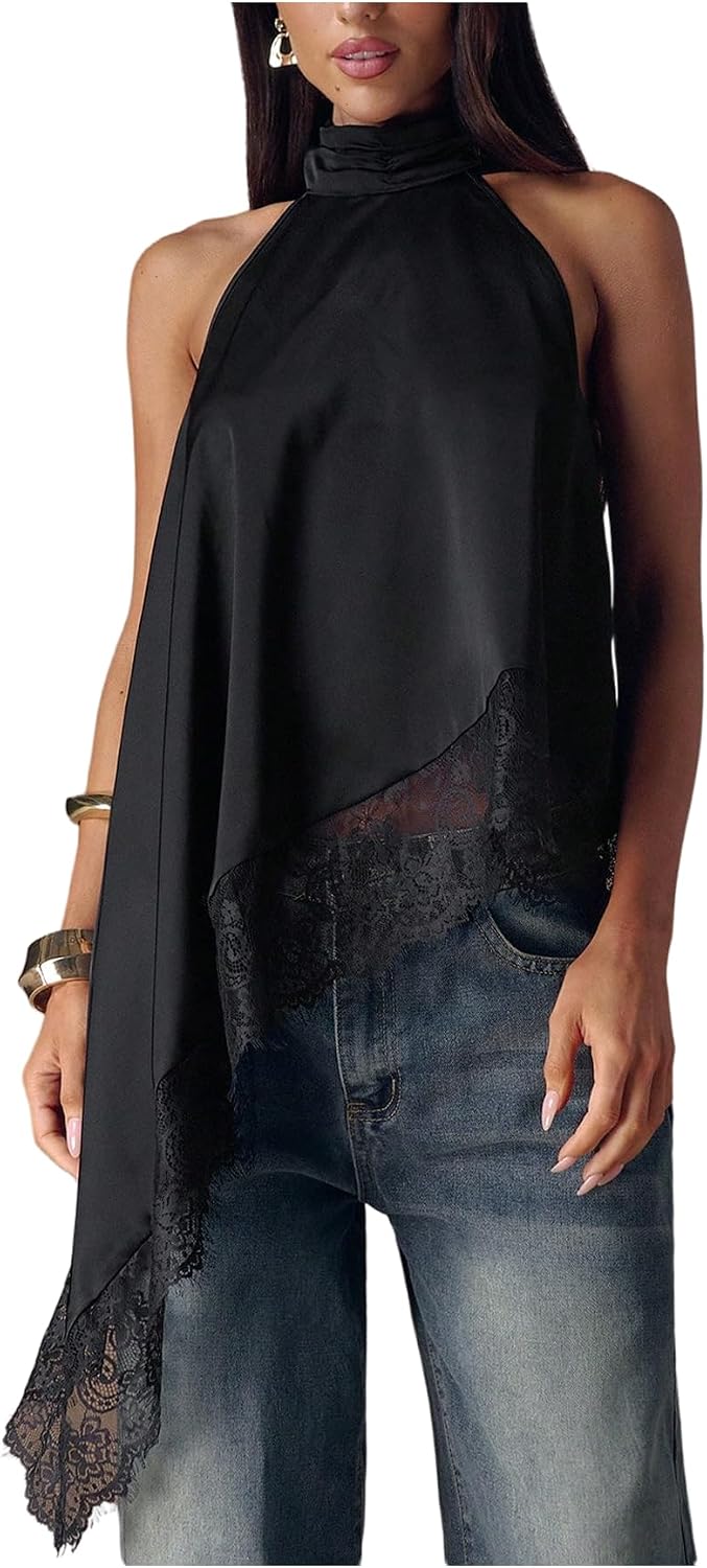 Women's Lace Halter Neck Top - Asymmetrical Hem, Sleeveless Flowy Cut for Date Night and Concerts - Small (11)