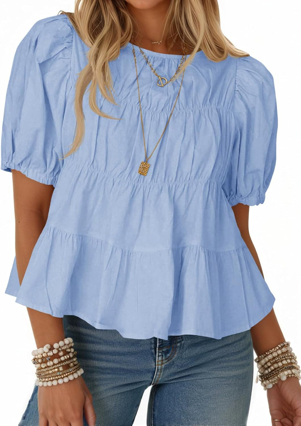 Women's Puff Sleeve Peplum Top - Pleated Babydoll Cut, Short Sleeve Cotton Blouse for Summer Outings - Beige