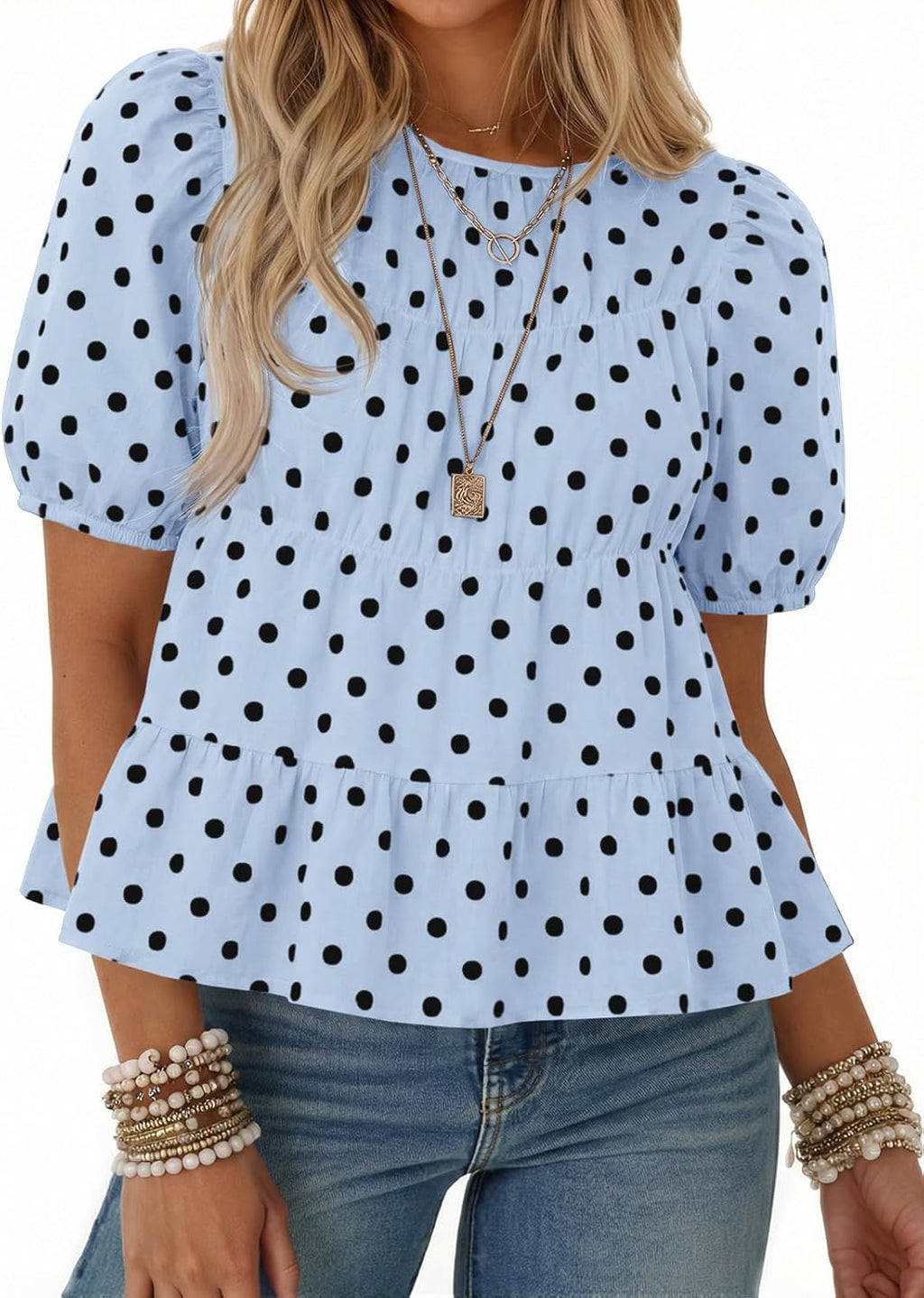 Women's Puff Sleeve Peplum Top - Pleated Babydoll Cut, Short Sleeve Cotton Blouse for Summer Outings - Beige