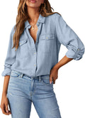 Women's Chambray Button Down Shirt - Long Sleeve, V Neckline, Soft Denim Blouse for Casual Workdays - Medium