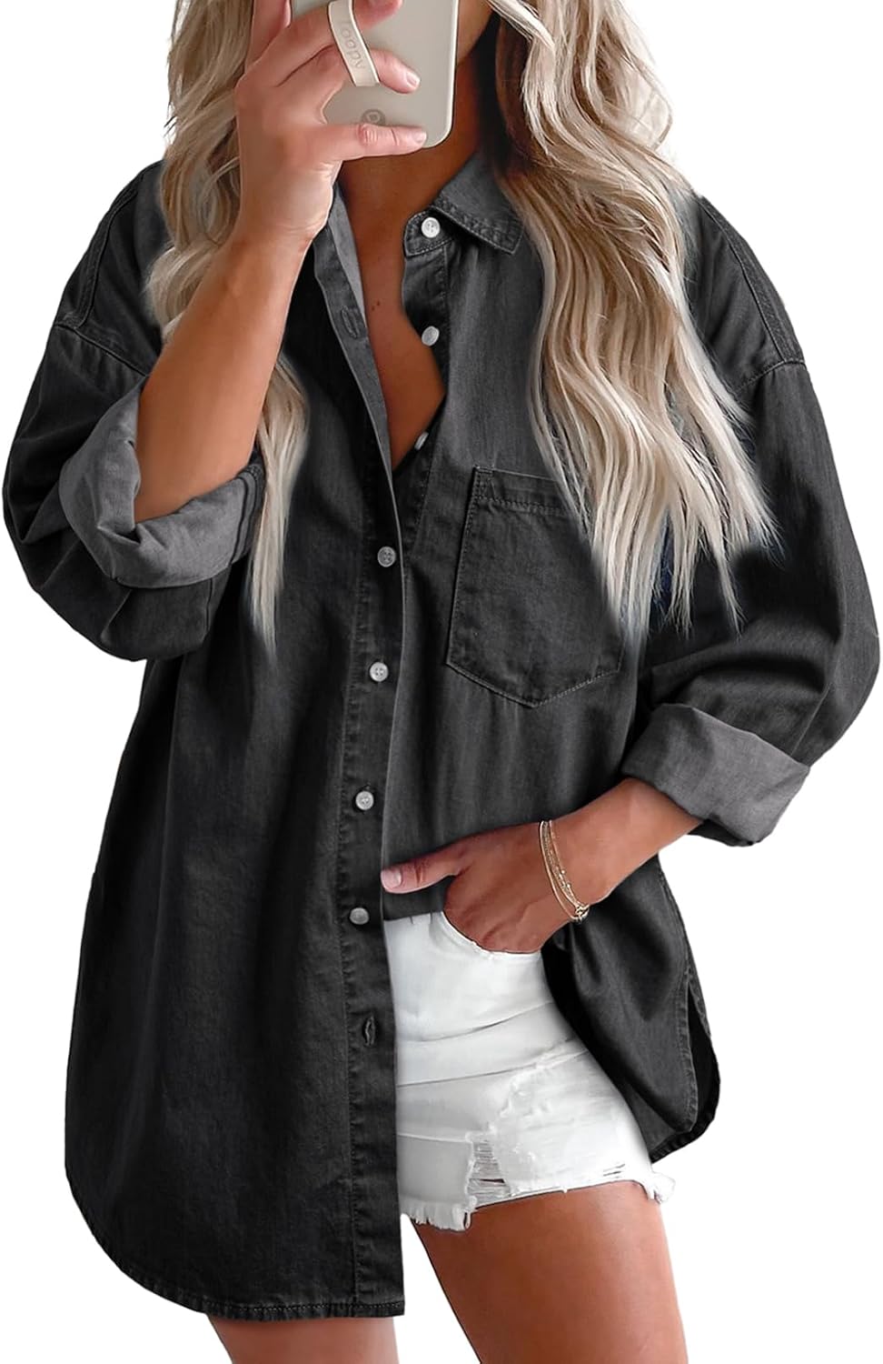 Women's Denim Button Down Shirt - V Neckline, Long Sleeves, Casual Chambray Blouse for Workdays and Weekends - Small