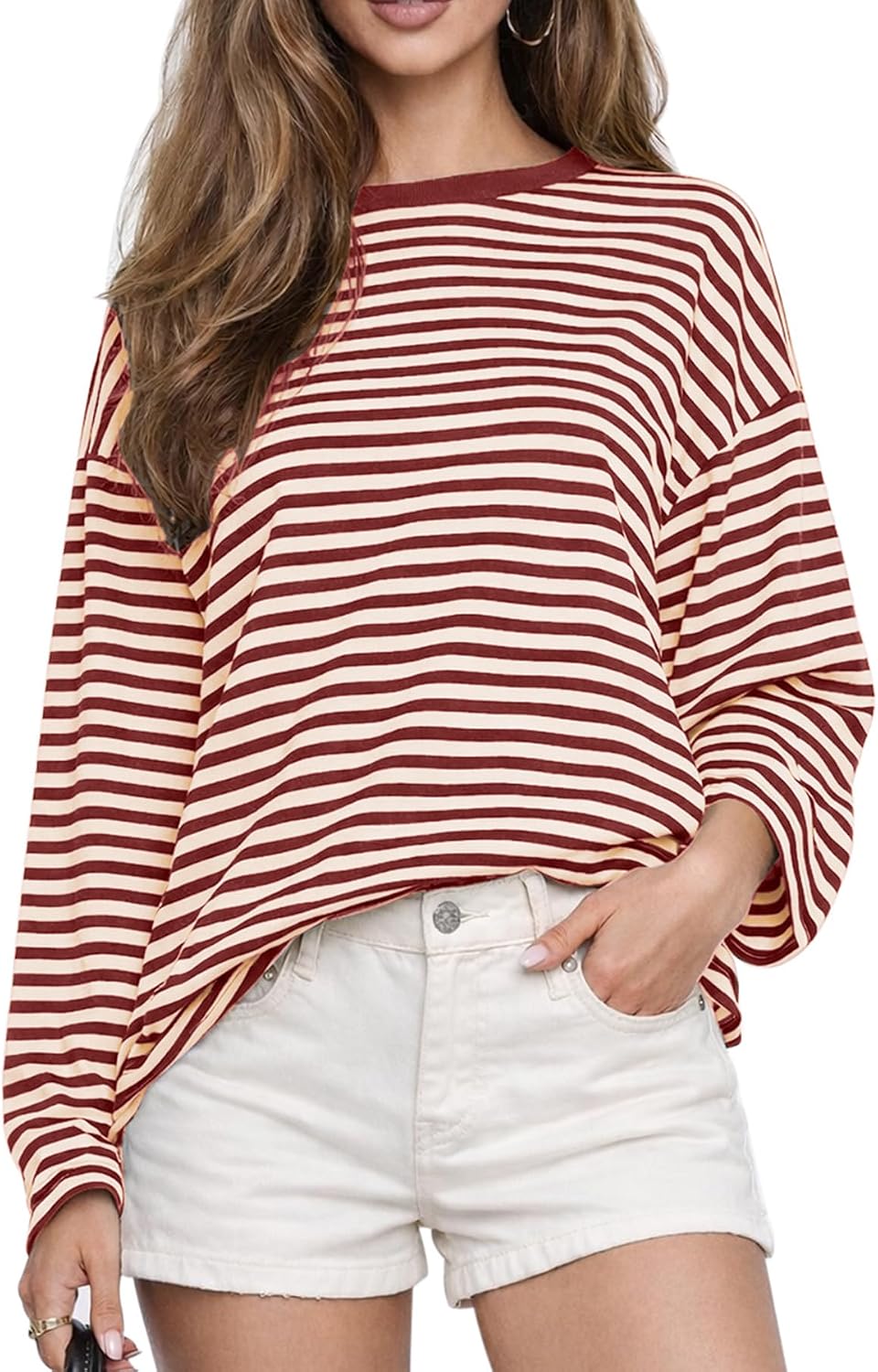 Women's Oversized Striped Long Sleeve Tee - Crew Neck, Contrast Stripe Knit, Relaxed Fall Top for Layering - Small
