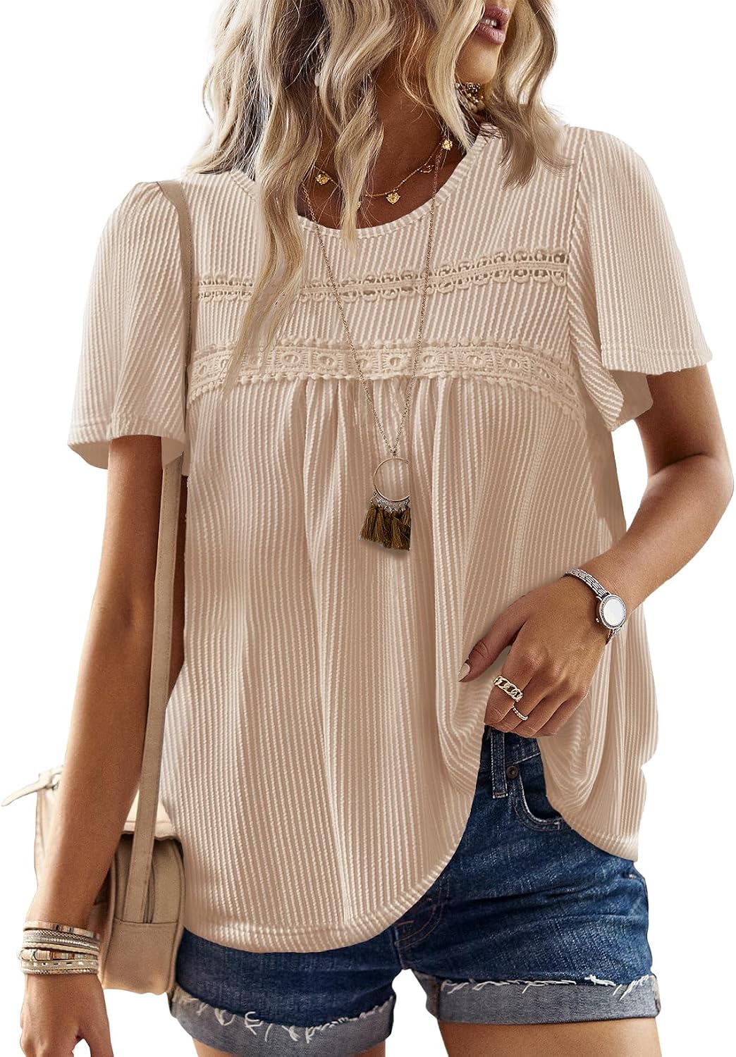 Women's Boho Ribbed Short Sleeve Top - Crochet Lace Trim, Flowy Loose Fit in Sizes XS to 5XL - Hot Pink (20)