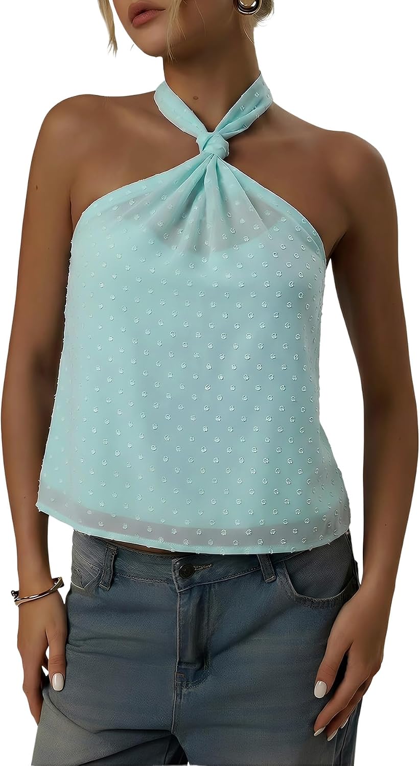 Women's Swiss Dot Halter Top - Tie Back Knot, Sheer Sleeveless Cut for Parties and Concert Nights - Small (10)